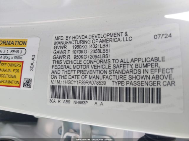 1HGCY1F39RA078539 Honda ACCORD EX