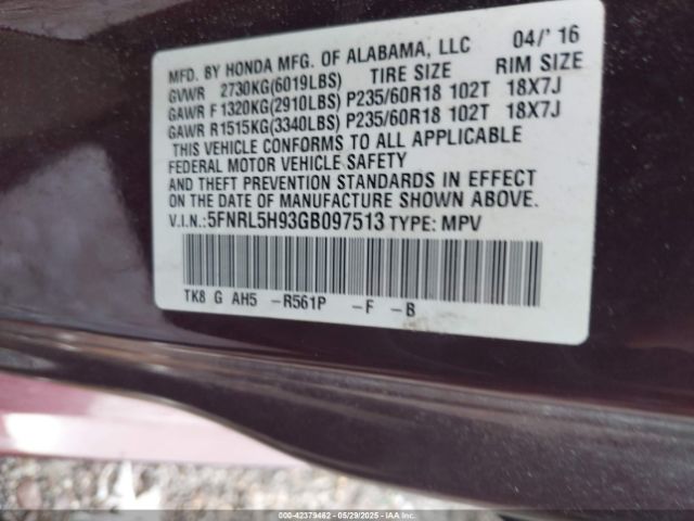 5FNRL5H93GB097513 Honda Odyssey Touring/touring Elite