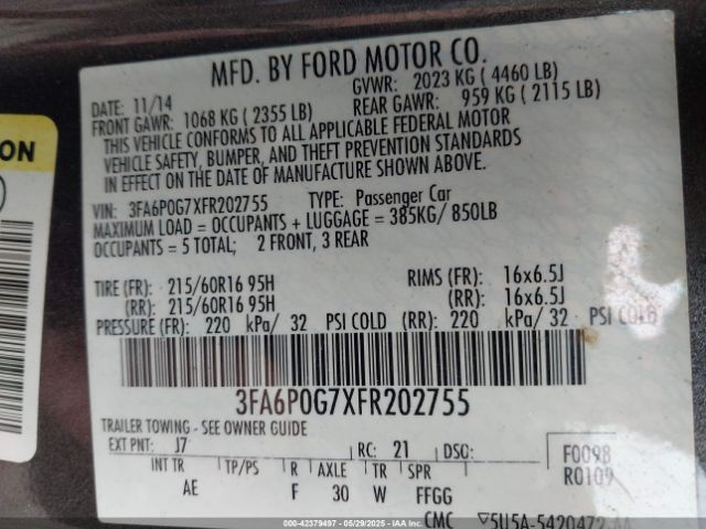 3FA6P0G7XFR202755 Ford FUSION S