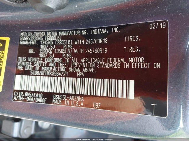 5TDBZRFHXKS964721 Toyota Highlander Le/le Plus