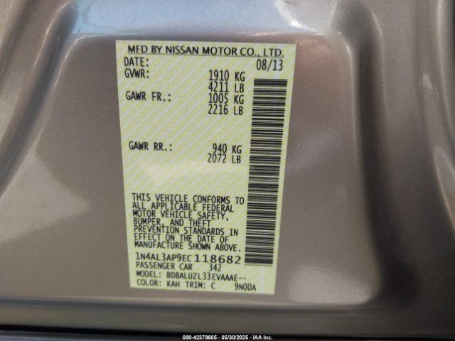 1N4AL3AP9EC118682 Nissan Altima 2.5 Sv