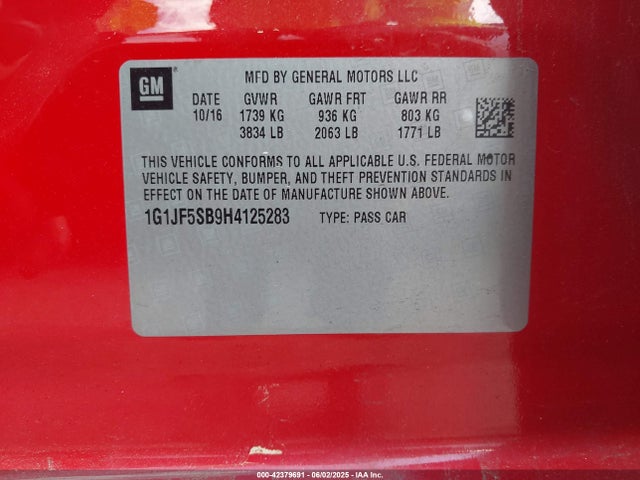 1G1JF5SB9H4125283 Chevrolet luv - mfi, vvt: variable valve timing, alum, e85 max