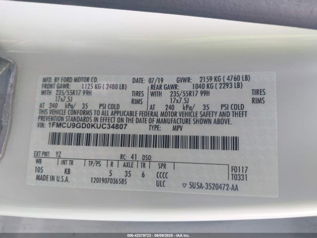 2019 FORD ESCAPE 1FMCU9GD0KUC34807 Photo 8