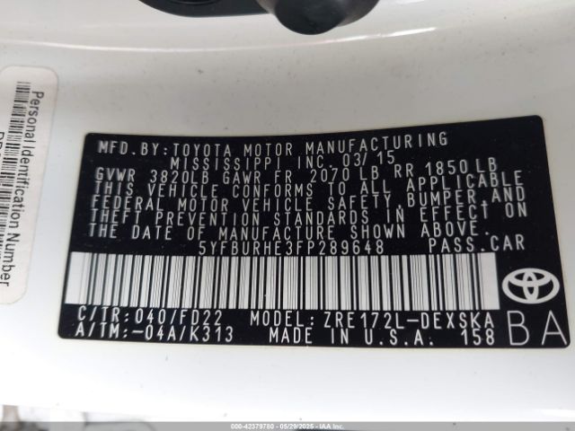 5YFBURHE3FP289648 Toyota Corolla S Plus