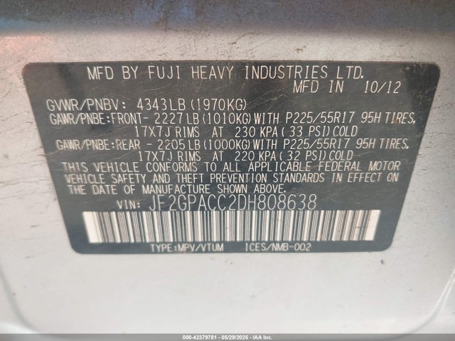 2013 Subaru Xv Crosstrek 2.0i Premium მანქანა იყიდება აუქციონზე, vin: JF2GPACC2DH808638, აუქციონის ნომერი: 42379781