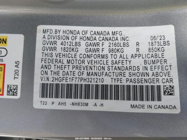 2HGFE1F77PH321210 Honda Civic Ex /ex W/o Bsi