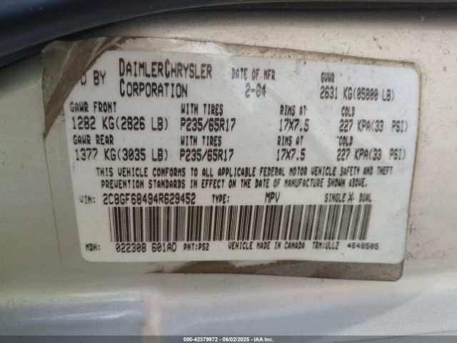 2004 CHRYSLER PACIFICA 2C8GF68494R629452 Photo 8