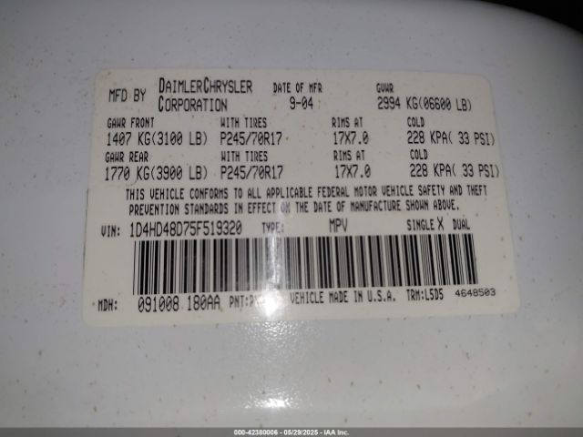 2005 DODGE DURANGO 1D4HD48D75F519320 Photo 8