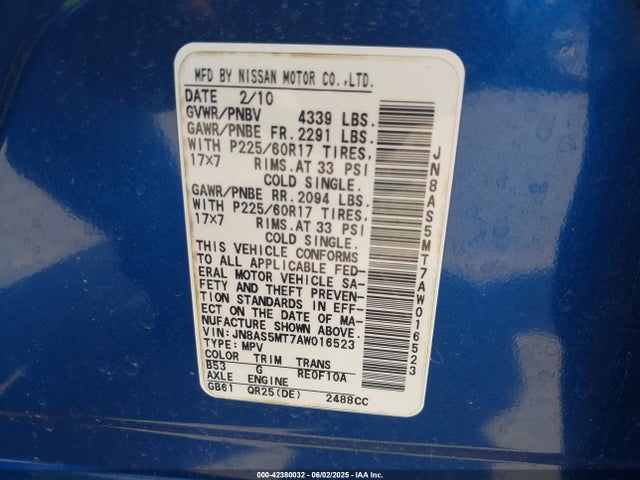 2010 Nissan Rogue Sl მანქანა იყიდება აუქციონზე, vin: JN8AS5MT7AW016523, აუქციონის ნომერი: 42380032