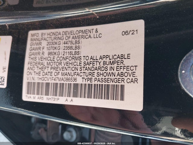 1HGCV1F47MA086536 Honda l15be