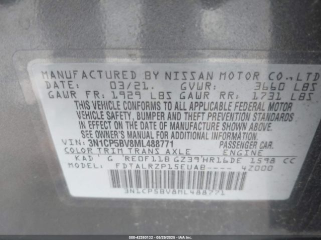 3N1CP5BV8ML488771 Nissan Kicks S Xtronic Cvt