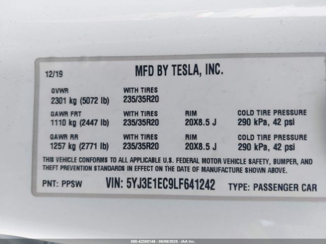 5YJ3E1EC9LF641242 Tesla Model 3 Performance Dual Motor All-wheel Drive