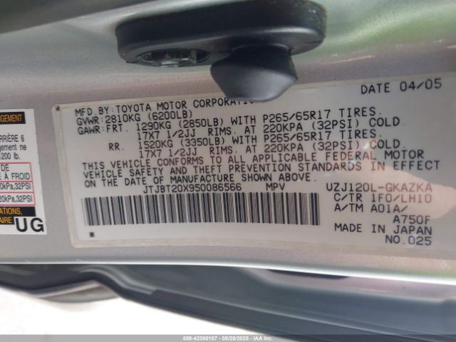 2005 LEXUS GX 470 JTJBT20X950086566 Photo 8