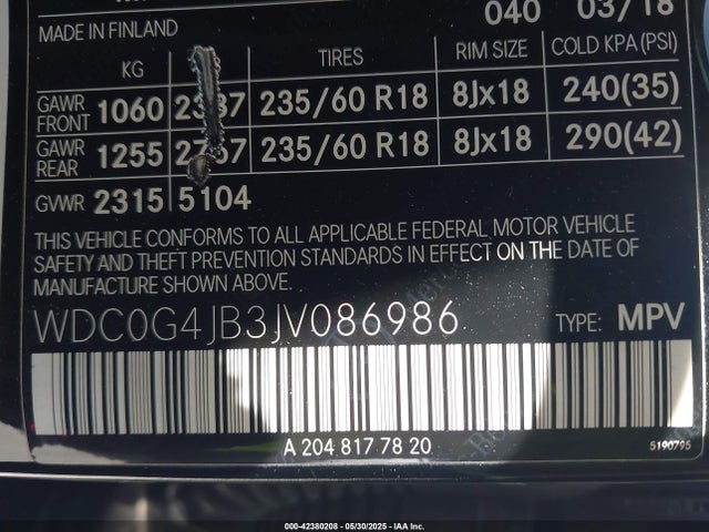 WDC0G4JB3JV086986 Mercedes-Benz m274
