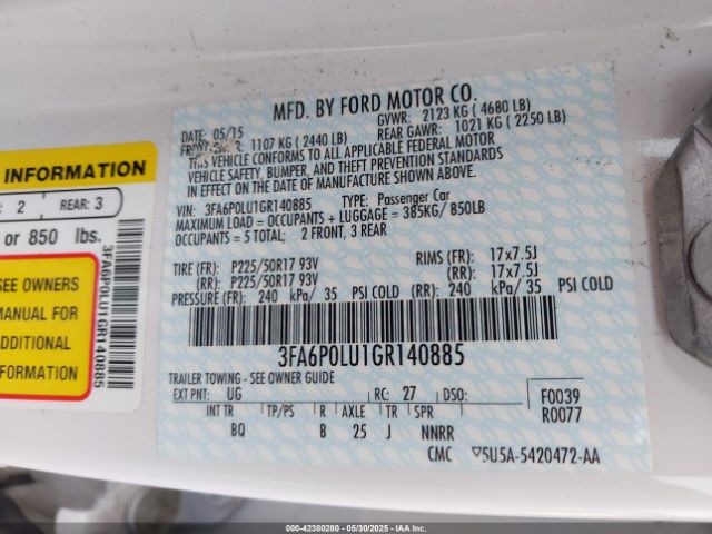 3FA6P0LU1GR140885 Ford Fusion Hybrid Se