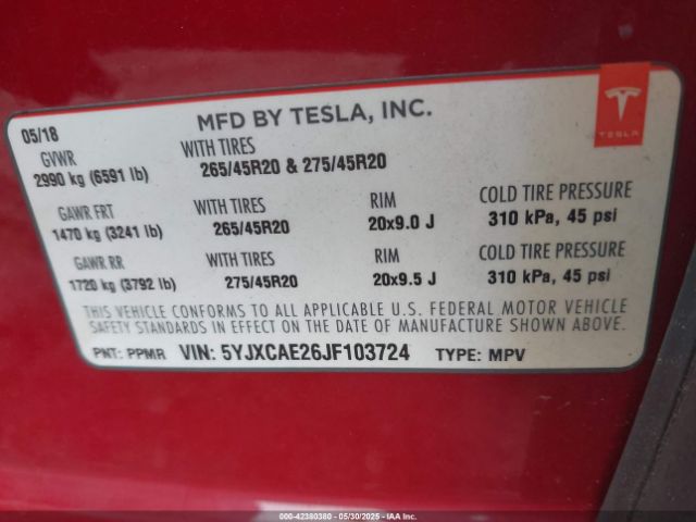 2018 TESLA MODEL X 5YJXCAE26JF103724 Photo 8
