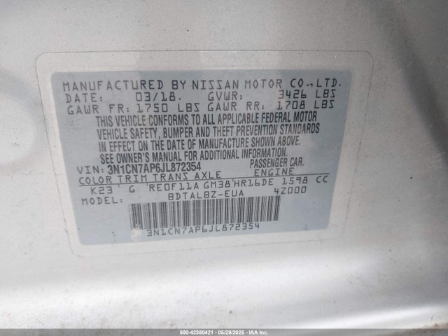 3N1CN7AP6JL872354 Nissan 2018