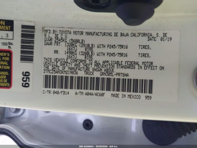 3TMCZ5AN3KM219836 Toyota Tacoma Sr V6