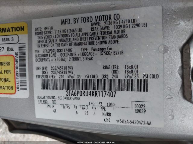 2019 FORD FUSION HYBRID 3FA6P0RU4KR117407 Photo 8