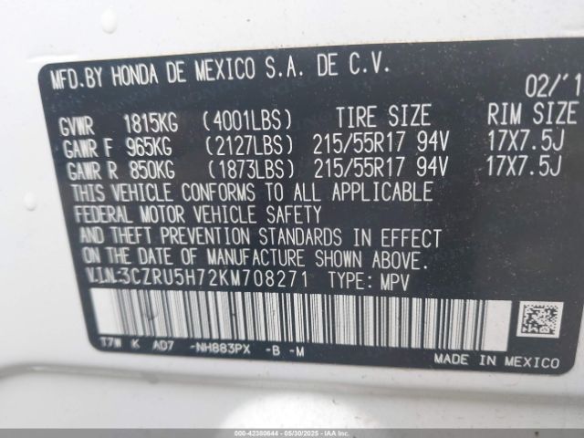 3CZRU5H72KM708271 Honda Hr-v Ex-l