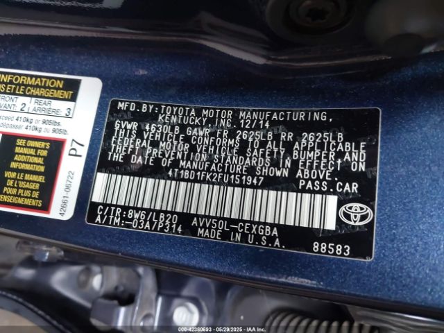 4T1BD1FK2FU151947 Toyota Camry Hybrid Xle