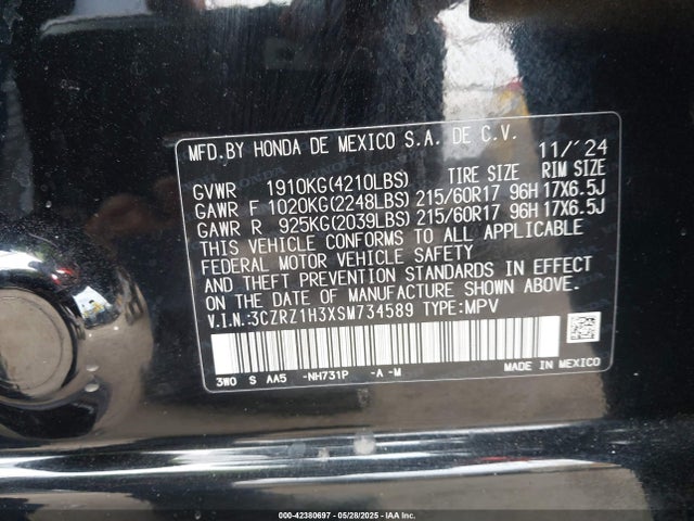 3CZRZ1H3XSM734589 Honda k20z5