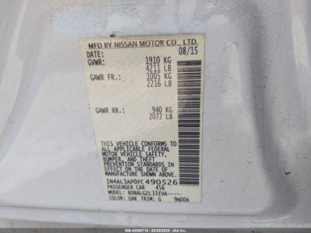 1N4AL3AP0FC490526 Nissan Altima 2.5/2.5 S/2.5 Sl/2.5 Sv