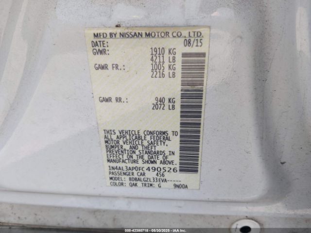 1N4AL3AP0FC490526 Nissan Altima 2.5/2.5 S/2.5 Sl/2.5 Sv