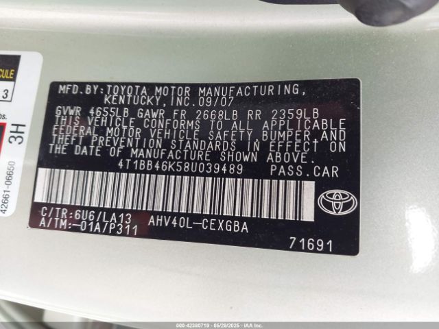2008 TOYOTA CAMRY HYBRID 4T1BB46K58U039489 Photo 8