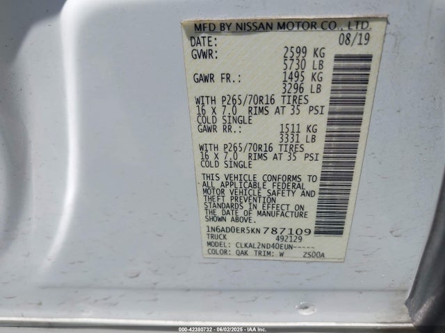 1N6AD0ER5KN787109 Nissan 2019