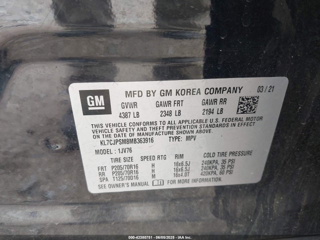 Chevrolet le2 2021 KL7CJPSM8MB363916 Image 9