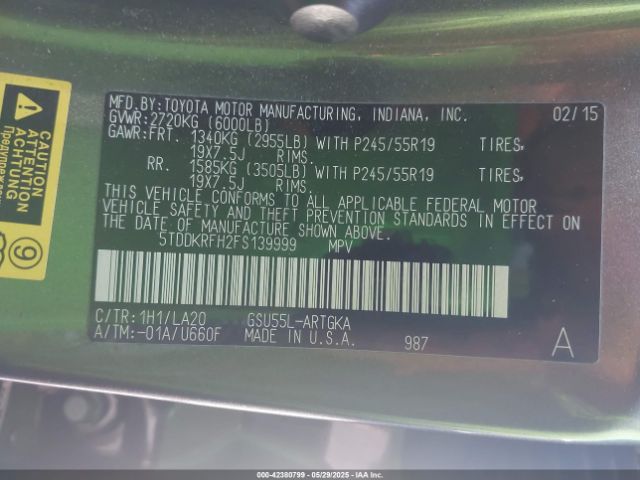 5TDDKRFH2FS139999 Toyota 2gr-fe