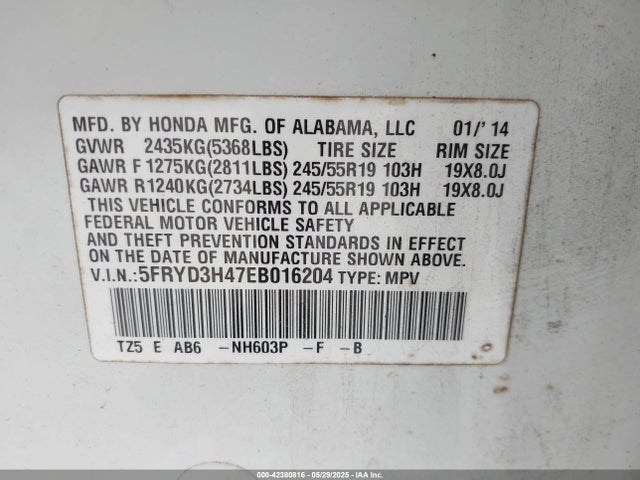 42380816 :رقم المزاد ، 5FRYD3H47EB016204 vin ، 2014 Acura Mdx Technology Package مزاد بيع
