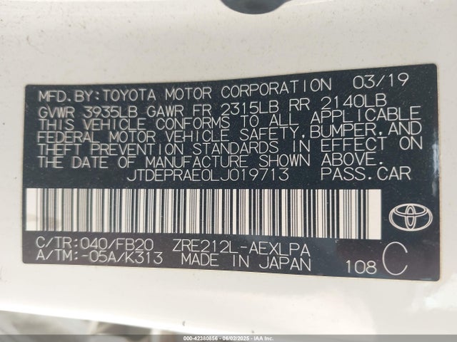 JTDEPRAE0LJ019713 Toyota 2zr-fae