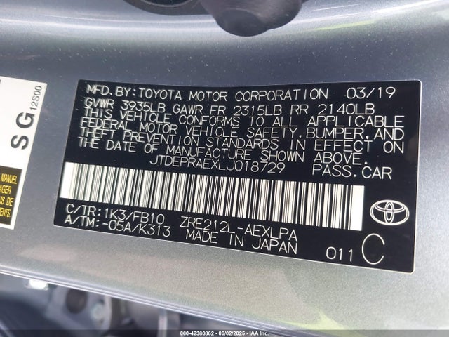 JTDEPRAEXLJ018729 Toyota COROLLA LE