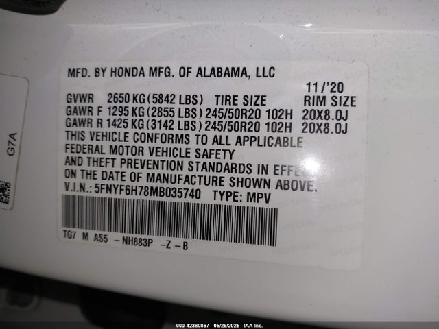 Honda j35y6 2021 5FNYF6H78MB035740 Image 9