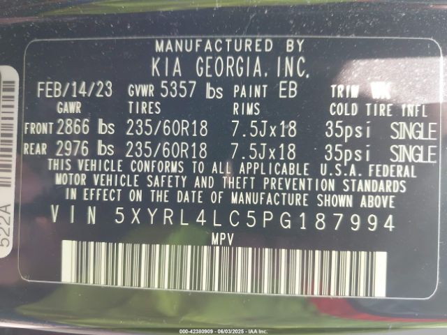 5XYRL4LC5PG187994 KIA SORENTO S