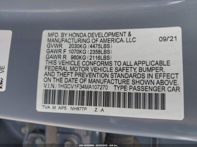 2021 HONDA ACCORD 1HGCV1F34MA107270 Photo 8