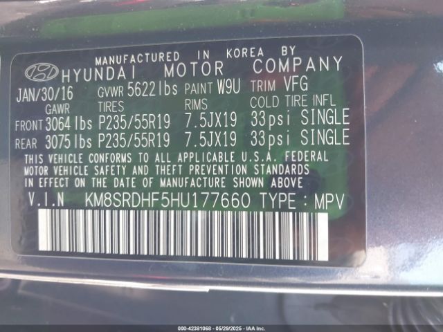KM8SRDHF5HU177660 Hyundai Santa Fe Se Ultimate