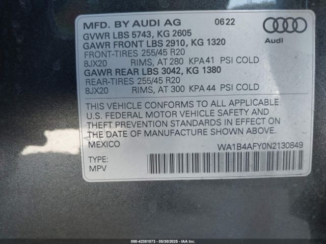 WA1B4AFY0N2130849 Audi Sq5 Premium Plus Tfsi Quattro Tiptronic