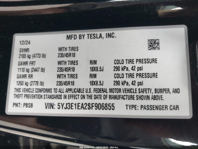 2025 TESLA MODEL 3 5YJ3E1EA2SF906855 Photo 8
