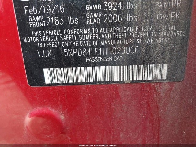 5NPD84LF1HH029006 Hyundai 2017
