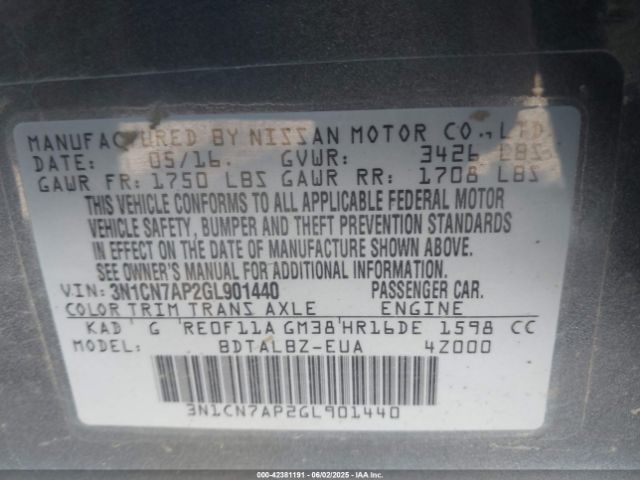 3N1CN7AP2GL901440 Nissan Versa