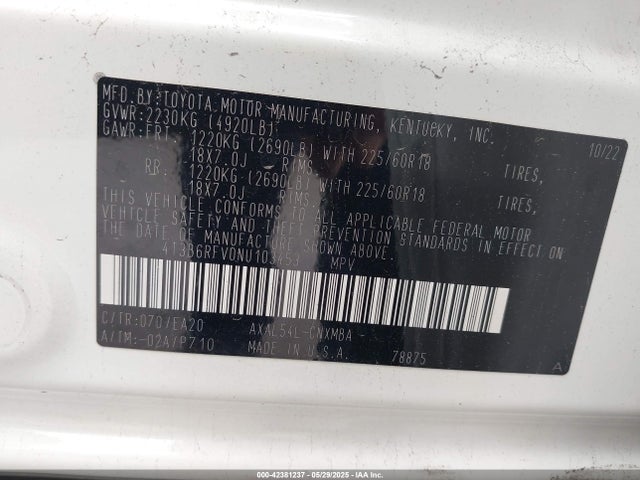 4T3B6RFV0NU103453 Toyota a25a-fxs, 3nm+4nm(li)