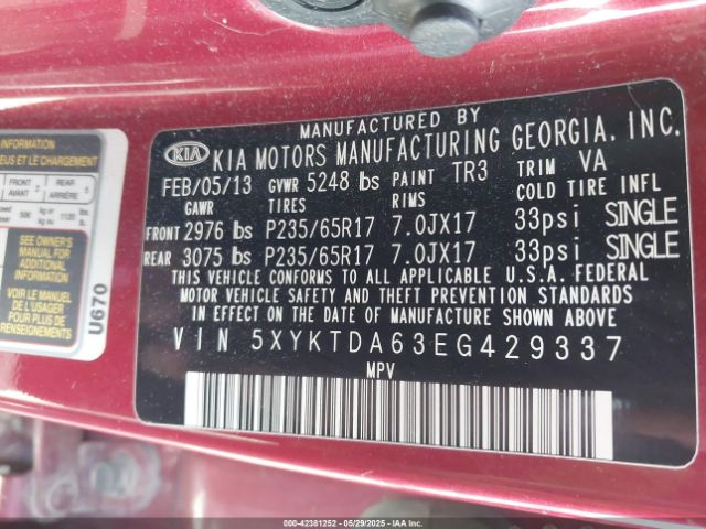 5XYKTDA63EG429337 KIA SORENTO LX