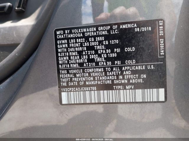 2018 VOLKSWAGEN ATLAS 1V2CP2CA2JC593755 Photo 8