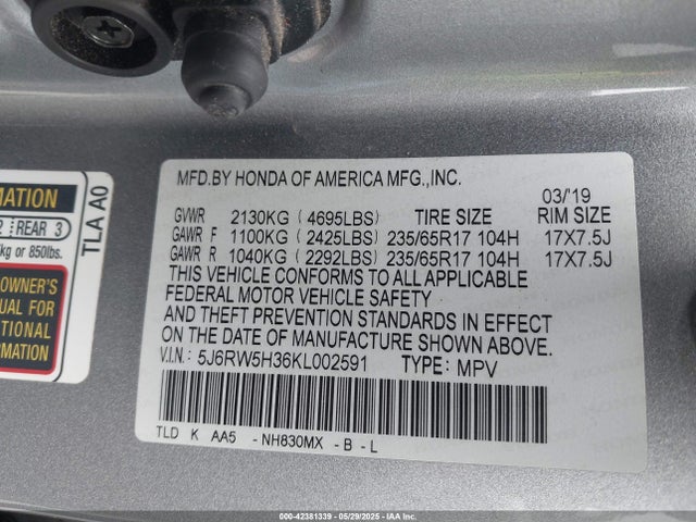 5J6RW5H36KL002591 Honda k24w9/k24v9