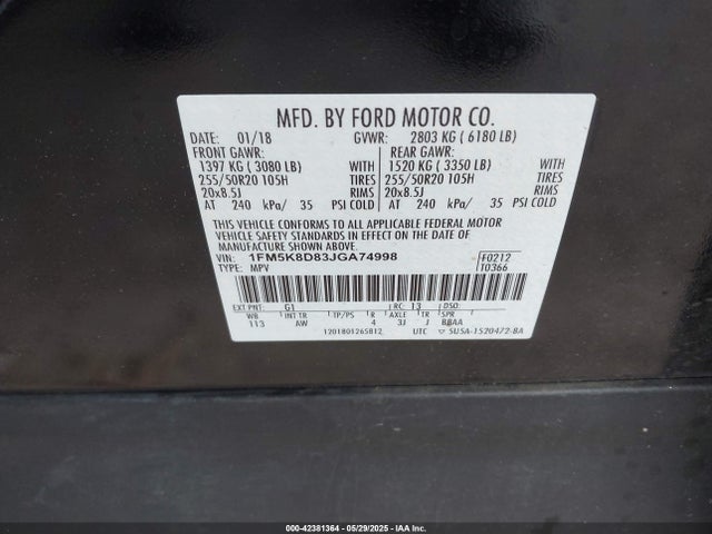 1FM5K8D83JGA74998 Ford EXPLORER XLT