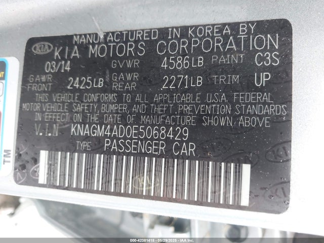 KNAGM4AD0E5068429 KIA Optima Hybrid Lx