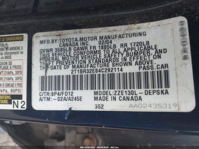 2004 TOYOTA COROLLA 2T1BR32E84C292114 Photo 8